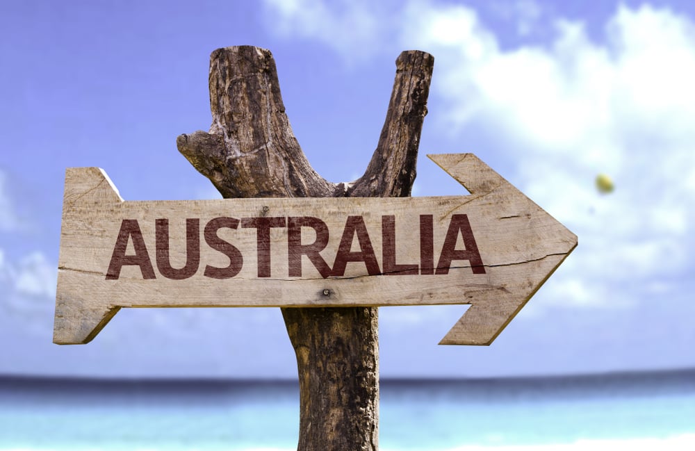 Australia wooden sign with a beach on background