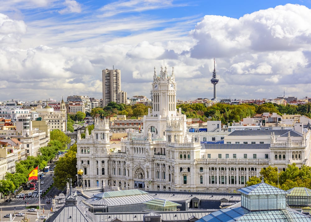 Madrid, Spain skyline at Communication Palace Torrespana Tower.