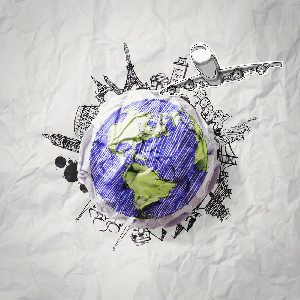 crumpled paper and traveling around the world as concept